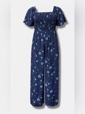 Torrid Floral Flutter Sleeve Smocked Jumpsuit Wide Leg Blue Size 1X NWT